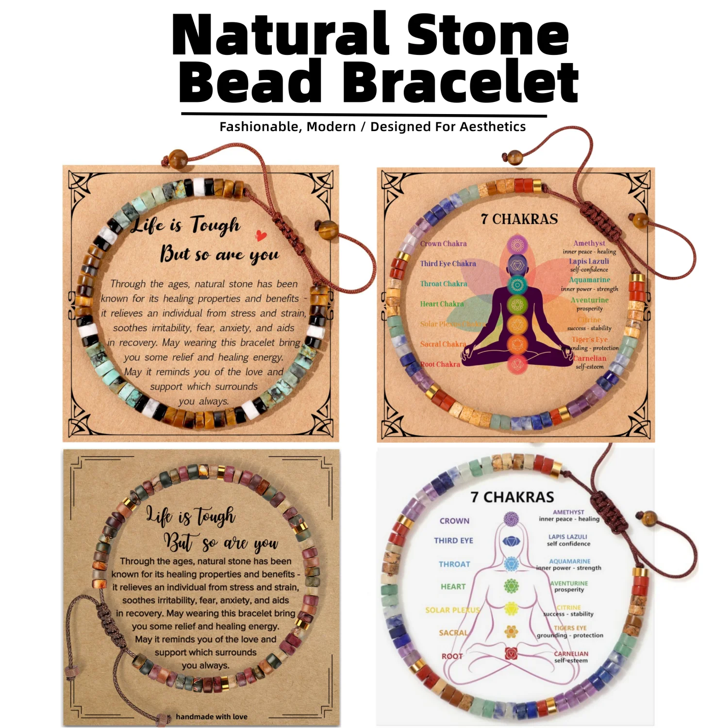 7Chakras Naturstein-Armband, handgewebtes Armband, verstellbares Seil, Yoga-Meditations-Unisex-Modeaccessoire