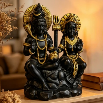 Schwarz-Goldene Shiva-Parvati-Harzstatue, Hindu-Gott-Göttin-Figur, Puja-Anbetungs-Heimtempel-Dekoration