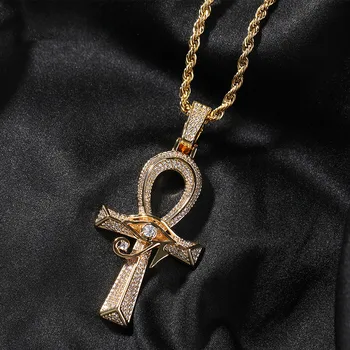 Glänzende Iced Out antike ägyptische Gott Auge des Horus Kreuz Anhänger Halskette für Männer und Frauen Hip