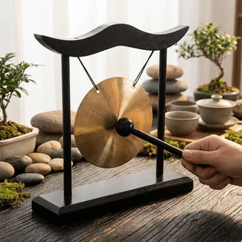 Zen-Kunsthandwerk Entspannungs-Tischgong Glücksbringer Kreative Kupferglocke mit Hoher Lautstärke Holzrahmen