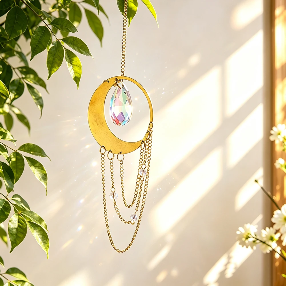Mondförmiger Kristall-Sonnenfänger, hängendes Ornament, AB-Farbe, Prisma-Glasanhänger mit Quastenkette
