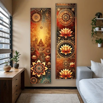 Goldener Lotus und Buddha, Mandala, vertikaler Wandteppich, lebendiges Polyester, ästhetischer