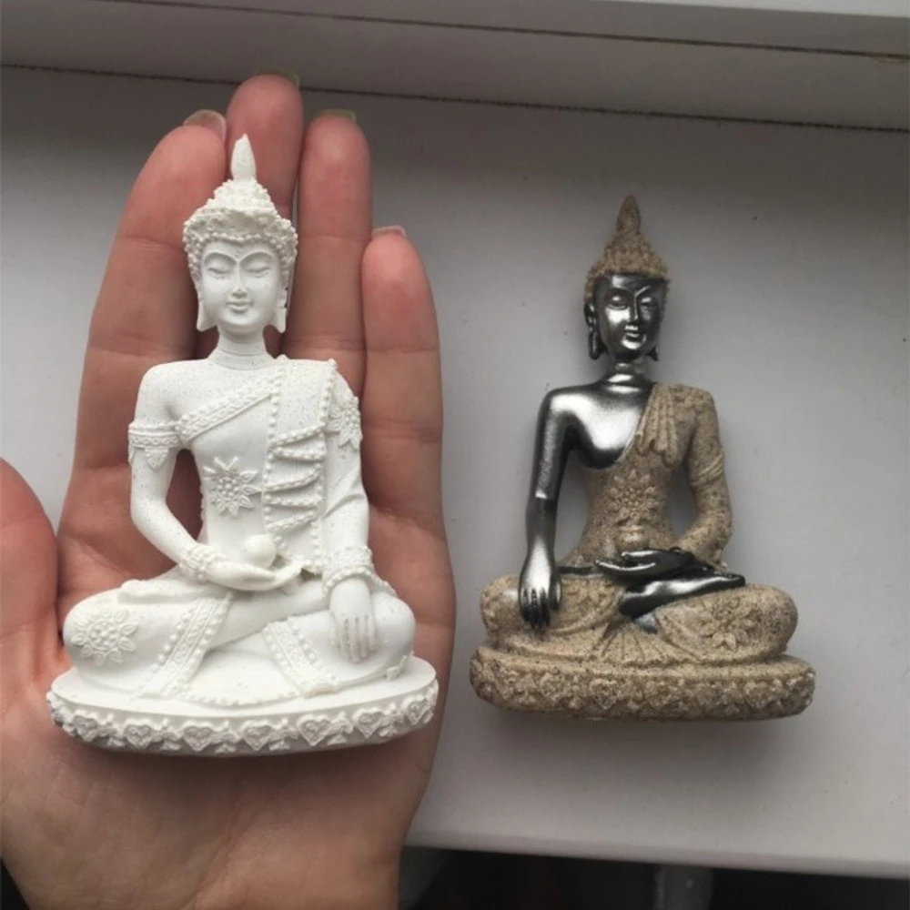 Südostasiatische Buddha-Figur, Kunstharz, Sandstein, sitzender Buddha – Bild 3