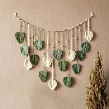 Boho Home Dekoration, Makramee Wandteppich Makramee Blatt Feder Wandbehang Dekor für Wohnzimmer Schlafzimmer