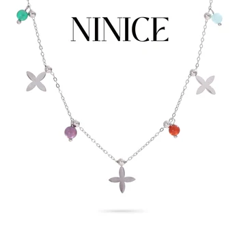 NiNice Halskette Damen Naturstein Bunte Blumenförmige Anhänger Halskette Edelstahl Schmuck Accessoires