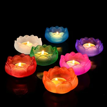 Bunter Lotus-Kerzenhalter aus Glas, buddhistische Altarlampe, Butterlampenständer, ständig brennender