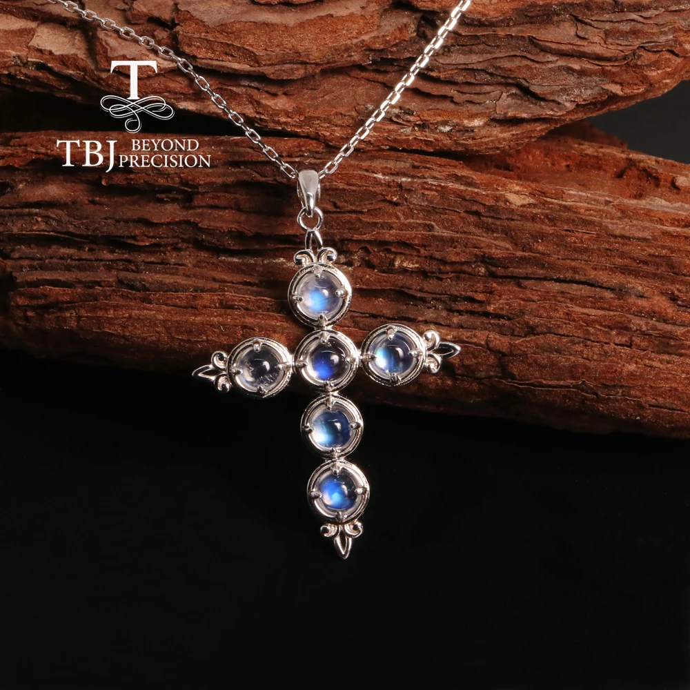 Klassische elegante natürliche blaue Mondstein Kreuz Anhänger Halskette 925 Sterling Silber edlen Schmuck