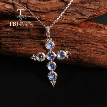Klassische elegante natürliche blaue Mondstein Kreuz Anhänger Halskette 925 Sterling Silber edlen Schmuck