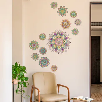 Mehrfarbige Mandala Lotusblume Vinyl Wandaufkleber Datura Dekor Aufkleber Böhmischer Stil Yoga Meditierender