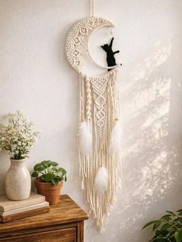 Boho Makramee Mond-Katzen-Traumfänger Wandbehang, Handgefertigte Baumwoll-Gewebekunst mit Federn