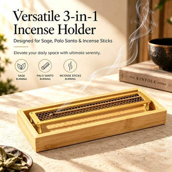 3-in-1 Räucherstäbchenhalter Metall-Salbei-Brenner Palo-Santo-Halter mit Bambus-Ascheauffangschale