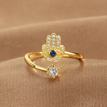 YILUOCD Hamsa Fatimas Hand offene Ringe türkischer blauer Kubikzircon Evil Eye Ring Schutz Amulett islamischer