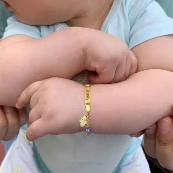 Hamsa Evil Eye Kettenarmband für kleine Jungen und Mädchen, graviertes individuelles Namensarmband, Hand des