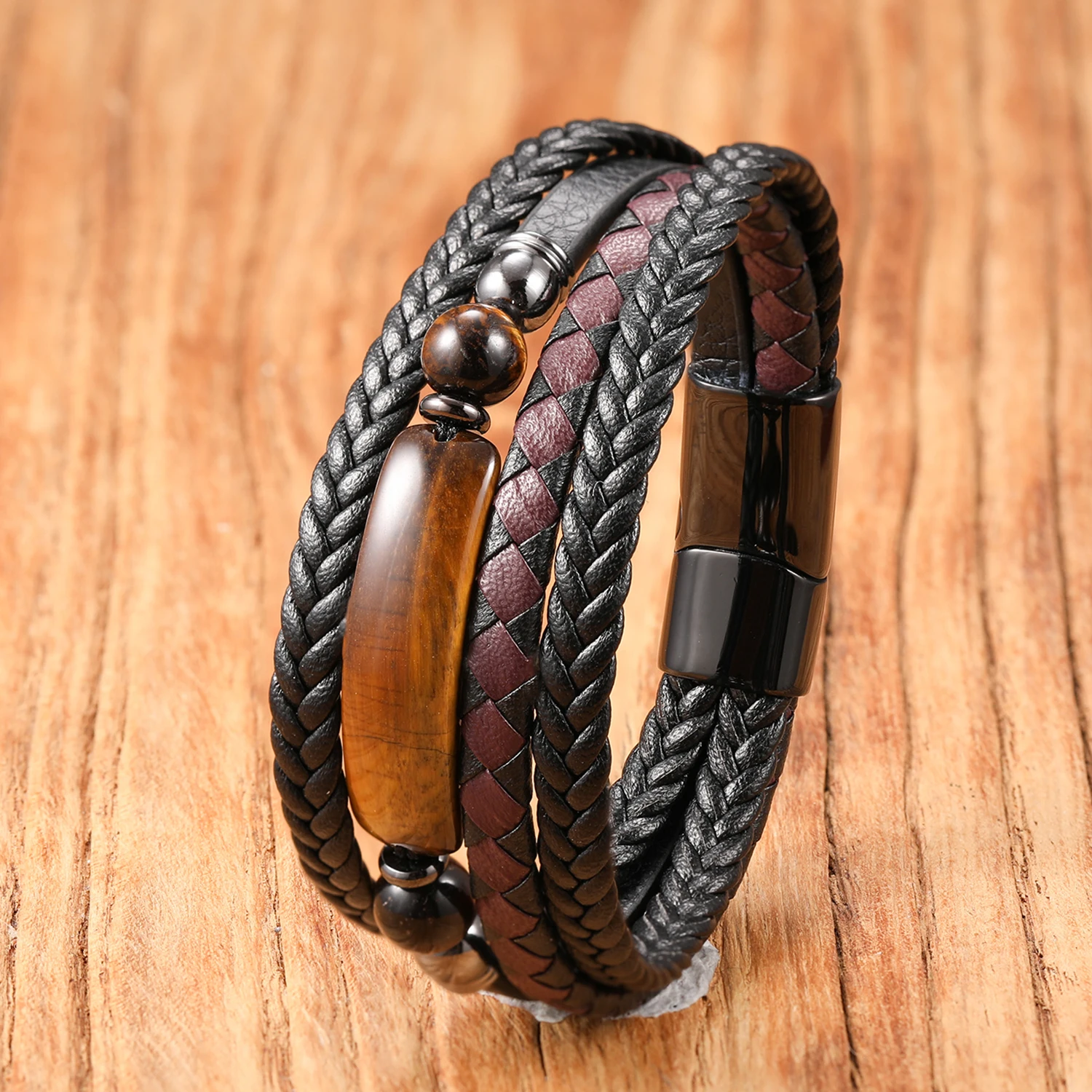 Natursteinperlen, mehrschichtiges geflochtenes Lederarmband – Bild 4