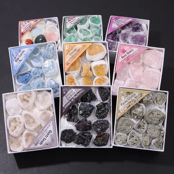 Natürliche Amethyst-Geode, Siliziumkarbid, Pyritkristall, Citrin, Rosenquarz-Mineralexemplare, Box