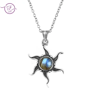 Mondstein-Halskette für Frauen, Labradorit, Türkis, Sonnenanhänger, natürlicher Edelstein, Boutique-Schmuck