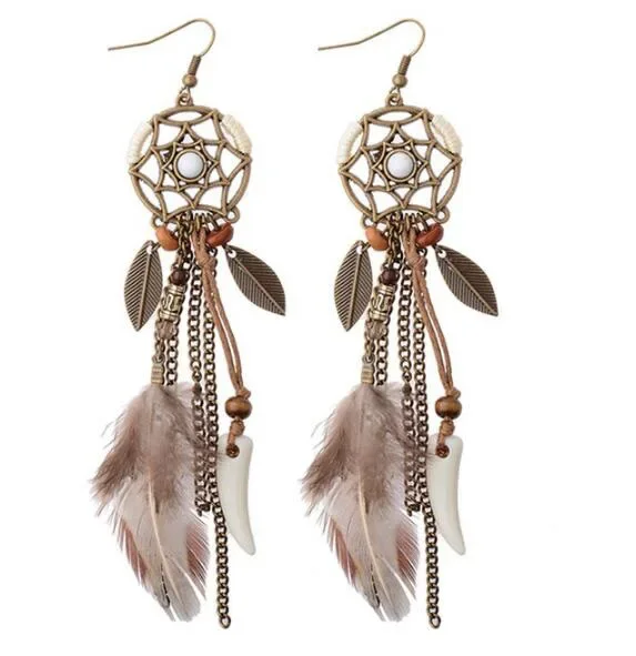 Boho ethnische Traumfänger Feder antike lange Haken Ohrringe ausgefallene handgemachte Kette Quaste Ohrring