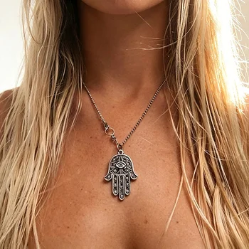 Vintage Hamsa Hand der Fatima Anhänger Halskette Retro Böses Auge Amulett Böhmischer Glücks- und Schutzschmuck