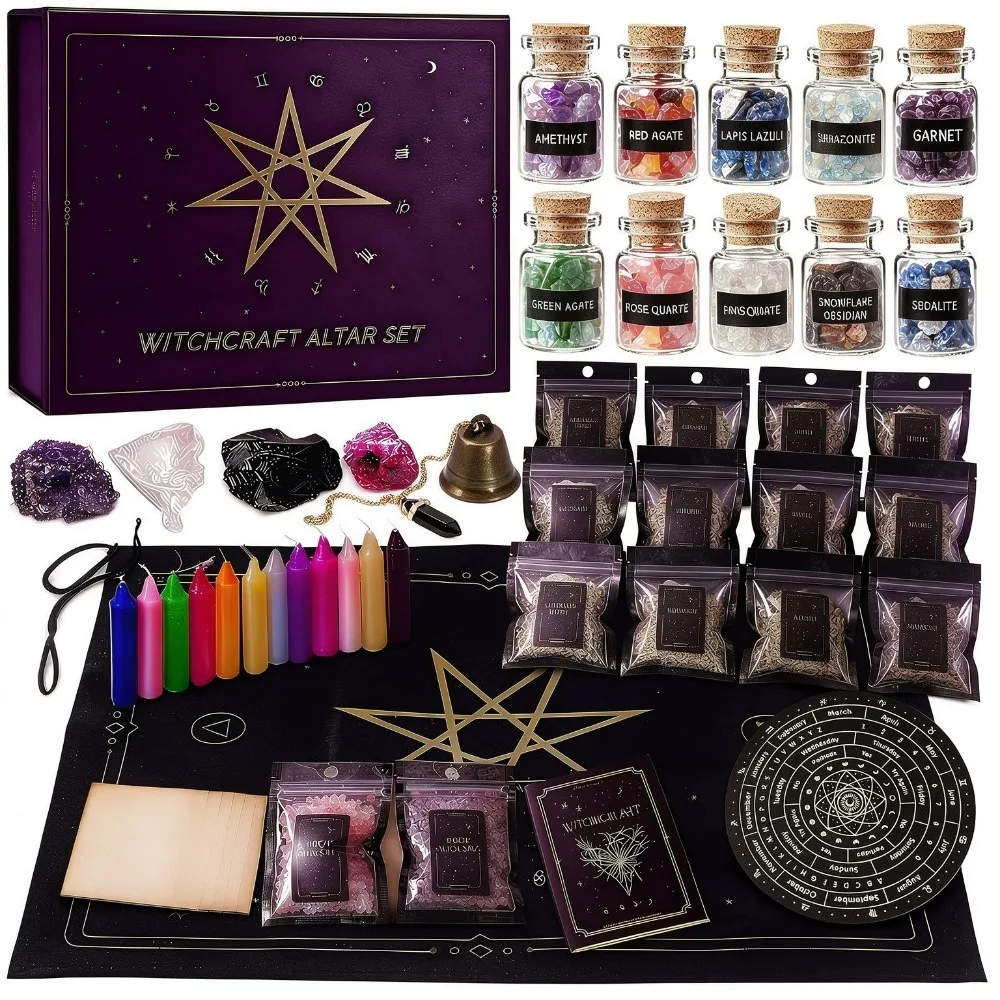 Hexerei-Set, Altar-Zauberset, Hexengeschenke, Wicca-Zubehör, Zauberkerzen, Getrocknete Kräuter, Kristalle
