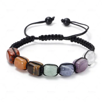 Buntes 7-Chakra-Armband mit quadratischen Perlen, natürlicher Tigerauge-Stein, handgefertigte Schnur
