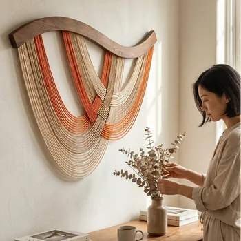 Makramee Wandbehang Gewebter Holzstab Blau Weiß Boho Nordische Wandkunst Schlafzimmer Wohnzimmer Dekoration