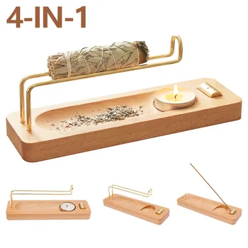 Räucherstäbchenhalter aus Holz, 4-in-1 Multifunktions-Salbei-Halter für Zuhause und Büro, zum Verbrennen