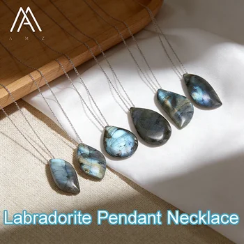 Natürliche Labradorit-Anhänger-Halskette mit Edelstahlkette, Unregelmäßige Edelstein-Halsketten, Modeschmuck