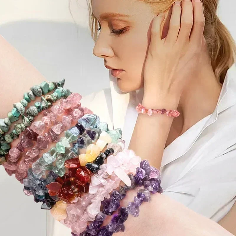 Natürliches Kies-Armband, Stretch-Perlen, Amethyst, Rosenkristall, Quarz, Chakren, Armbänder für Frauen