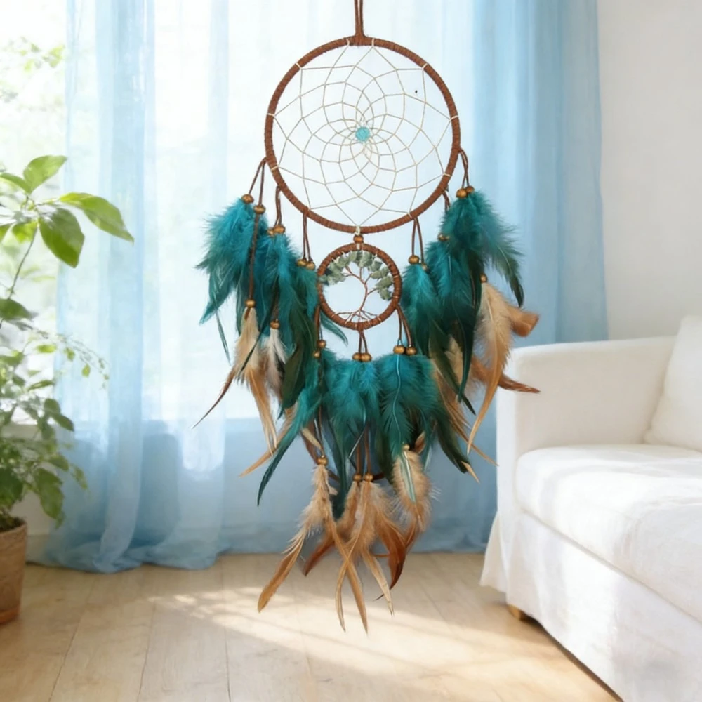Blauer Boho-Traumfänger mit Feder, Wandkunst, Schlafzimmerdekoration – Bild 3