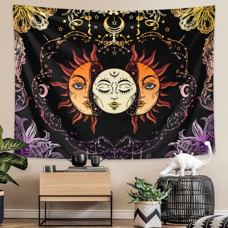 Wandteppich im Sonne, Mond, Hippie-Stil, bunter Mondphasen-Wandteppich, böhmische dekorative Wandbehang