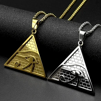 Ägyptische Pyramide Auge des Horus Anhänger Halskette für Damen und Herren Edelstahl Goldfarben Altägyptisches