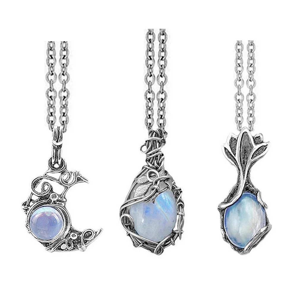 Künstlicher Mondstein, antiker Anhänger, Halskette, Edelsteine, Cabochon, Vintage-Boho-Mond-Halskette