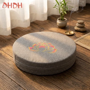 Premium Rundes Yoga-Bodenkissen mit Lotus-Stickerei Langlebige Leinen-Ausführung in Grau Fortgeschrittenes