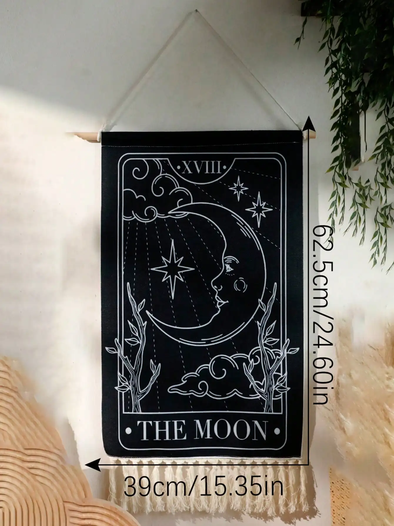 Wandteppich mit Sonne und Mond, Wandbehang, böhmische Kunst, Heimdekoration mit Fransen, lange