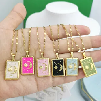 Sonne-Mond-Anhänger Halskette Damen Choker Dünne Kette Edelstahl Goldfarben PVD Wasserdicht Rosa Weiß Emaille