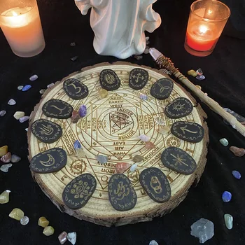 Holz-Runen-Steinset, Hexen-Runen-Set, graviertes Runen-Symbol für Wahrsagerei, Altar (14 Stück)