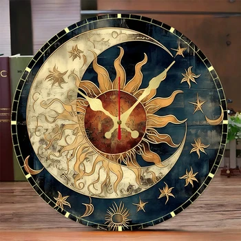 Sonne und Mond himmlische hölzerne runde, geräuschlose Wanduhr zum Aufhängen, geeignet für Wohnzimmer, Büro