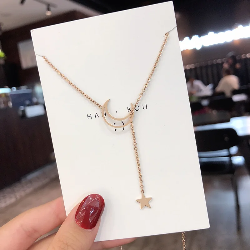 Einfache Mond Sterne Anhänger Choker Halskette Einfache Gold Farbe – Bild 3