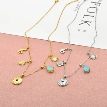 Sonne-Stern-Mond-Anhänger-Halskette für Damen, 18 Karat vergoldeter Edelstahl, blaue Zirkonia-Halskette
