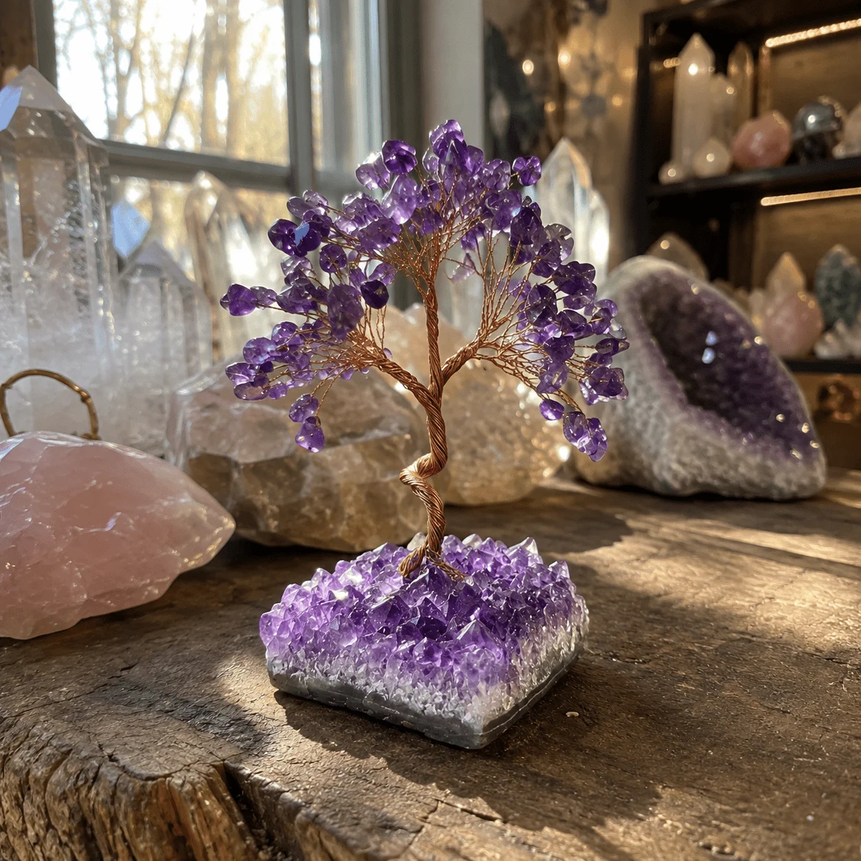 Zufällig angeordnete, natürliche Amethyst-Cluster-Baum-Skulptur, handgefertigt, geeignet als Tischdeko