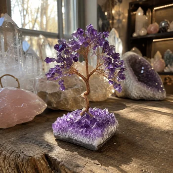 Zufällig angeordnete, natürliche Amethyst-Cluster-Baum-Skulptur, handgefertigt, geeignet als Tischdeko