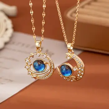 Mond-, Stern- und Blauer-Planeten-Anhänger Halskette Modischer Vergoldeter Schmuck für Frauen