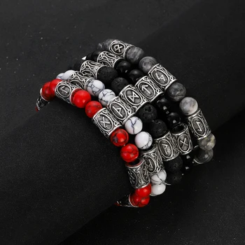 Nordisches Wikinger-Runen-Naturstein-Armband für Männer, 8 mm, Lava-Obsidian, Türkis, Perlen, Charm-Armreifen