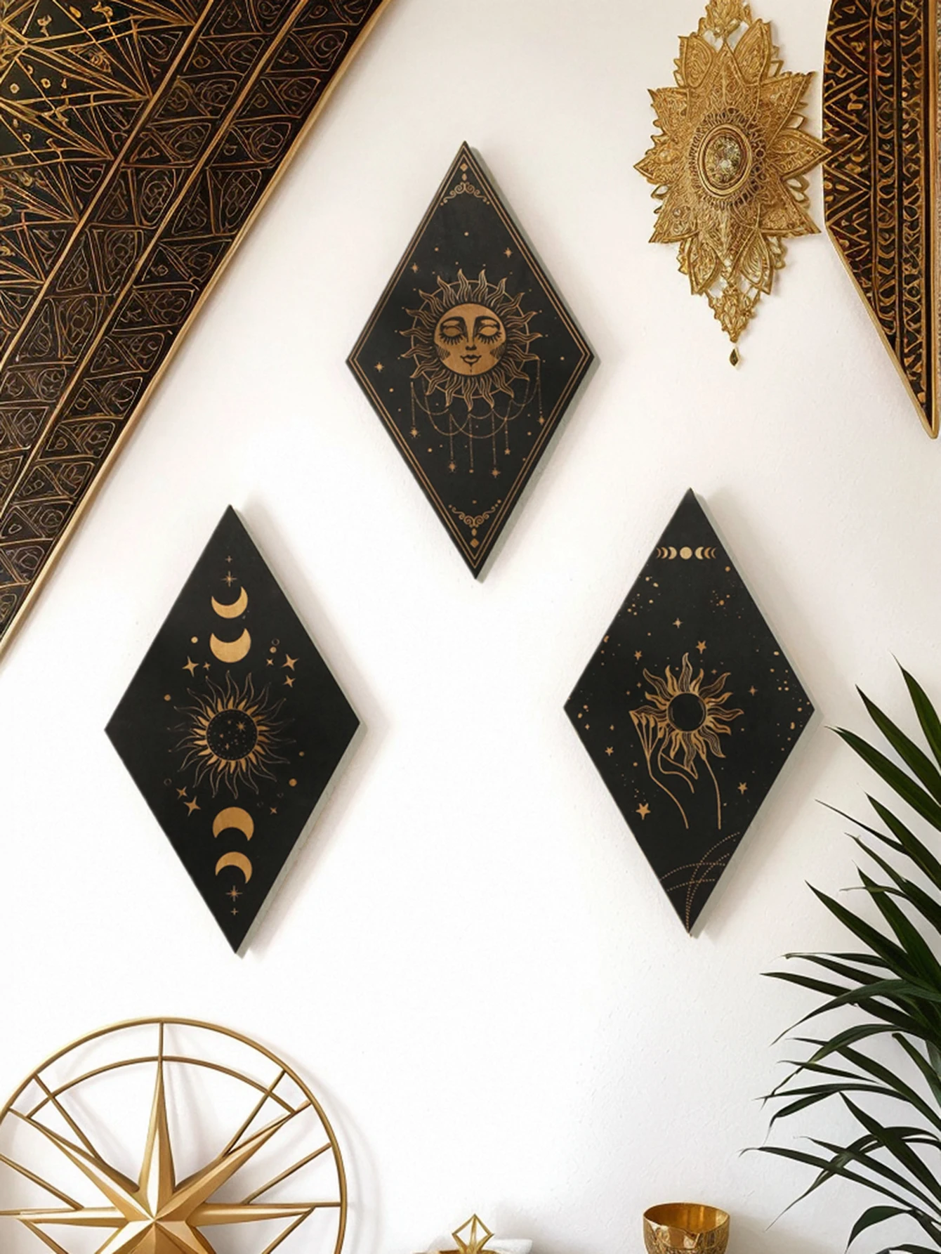 Hölzerne Hexen-Wanddekoration, Gothic-Mond, Sterne, Sonnenphasen, Schlangen-Wanddekoration, Wandbehang
