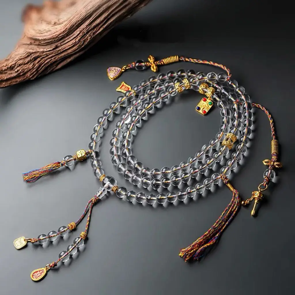 2026 Natürliche Weiße Kristall-Multi-Edelstein 108 Buddha Mala Gebetsperlen Kette 925 Sterling Silber Feiner