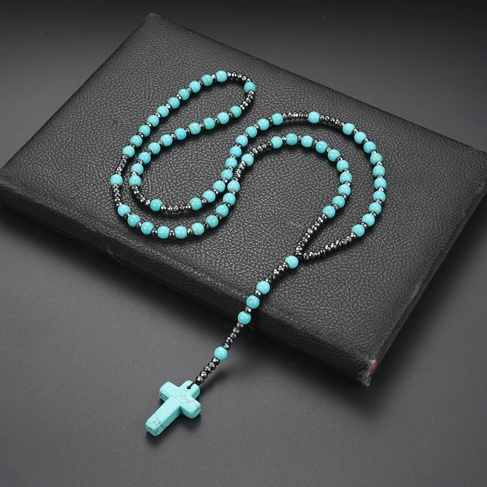 Natürlicher Edelstein, 6 mm, runde Perlen, Kreuz-Anhänger-Halskette für Männer und Frauen, Rosenkranz-Geschenk