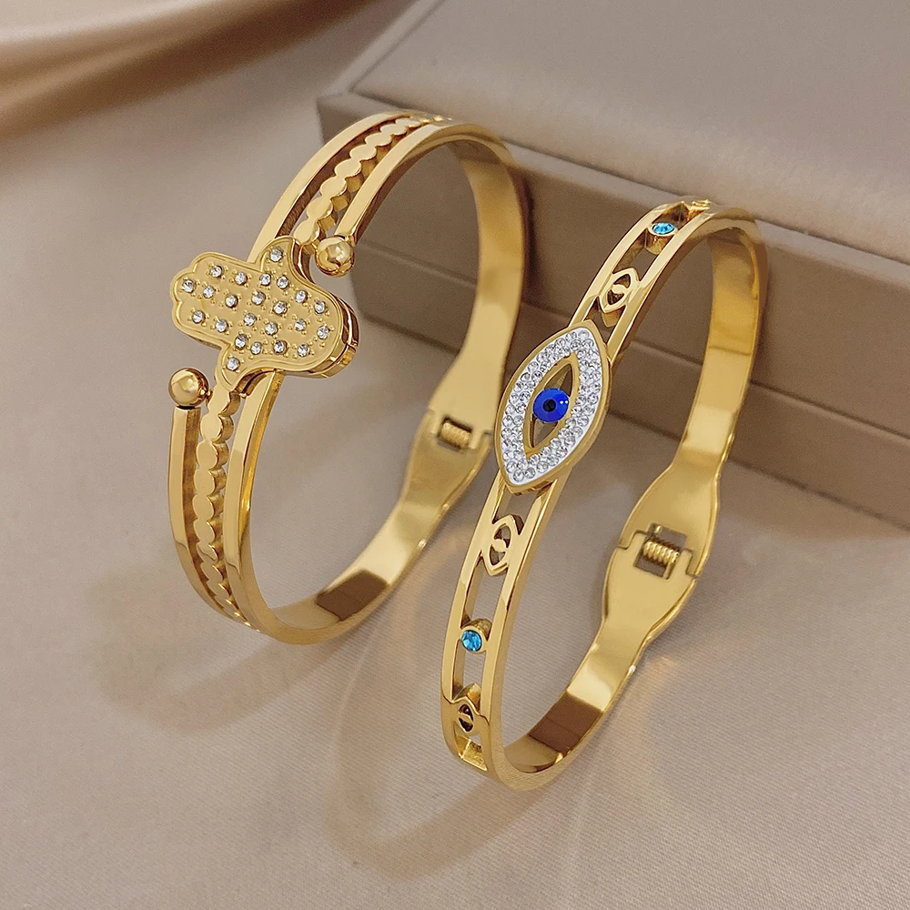 Evil Eye Hamsa Hand Armreif Schmuck für Frauen, vergoldeter Edelstahl mit Zirkon-Einlage, wasserdichtes