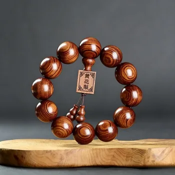 Großblättriges Gelbes Rosenholz Buddha-Perlen Armband 108 Stück Unisex Handkette Blumiges Birnbaumholz Feng
