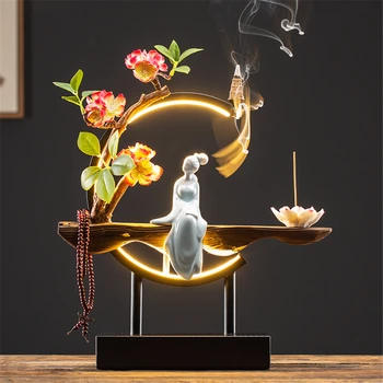 Keramik-Rückfluss-Räuchergefäß aus Holz mit 20-Kegel, USB-LED-Licht, Kreis, Lotus-Buddha-Perlen