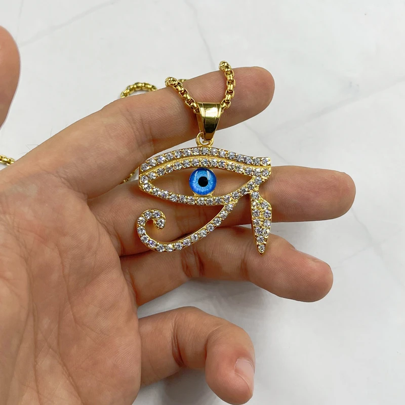 Gold farbe blau Auge Des Horus Anhänger mit zirkon Männer Frauen Schmuck Hip hop edelstahl Gold Farbe Anhänger